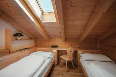 a bedroom with two beds in a wooden room at BelaVal Apartments in La Villa