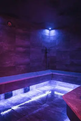 a dark room with a bench and a shower at Hotel Alpenhof in Rasùn di Sotto