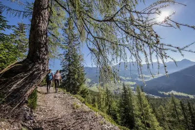 two people walking on a trail near a tree at Hotel Conturines in San Cassiano