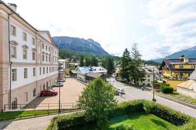a view of a city with a street and buildings at Casa Olimpia in Cortina dʼAmpezzo