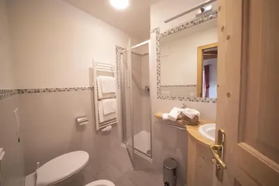 a bathroom with a toilet and a sink and a mirror at Appartamenti Sotgherdena in Badia