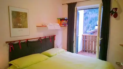 a bedroom with a bed and a window and a door at Freetime PinkAlps in Arabba