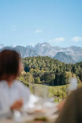 a person sitting at a table looking out at the mountains at Hotel am Hang in Soprabolzano