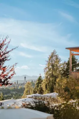 a view of a hill with trees and a gazebo at Hotel am Hang in Soprabolzano