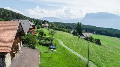 an aerial view of a green field with a house at Schartnerhof in Collalbo