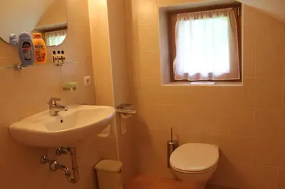 a bathroom with a sink and a toilet and a window at Beikircherhof in San Lorenzo di Sebato