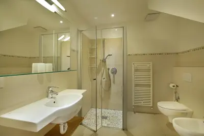 a bathroom with a shower and a sink and a toilet at Villa Prafiorì in Cavalese