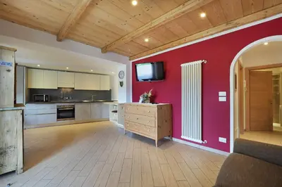 a large kitchen with a red wall and a tv at Villa Prafiorì in Cavalese