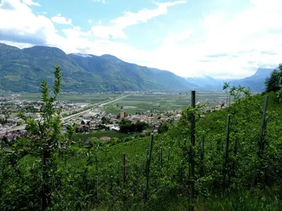 a view of a town from a hill at MENA Guesthouse in Marlengo