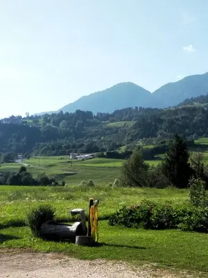 a cannon in a field with mountains in the background at Mini Maule in Cavalese
