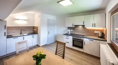 a kitchen with a table and chairs and a sink at Apartments Sayonara in Castelrotto