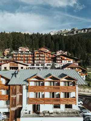 a building with a metal roof in a city at Albergo Belvedere in Vigo di Fassa