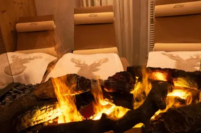 a fire burns in front of a fireplace at Villa Artic Apartments in Campitello di Fassa