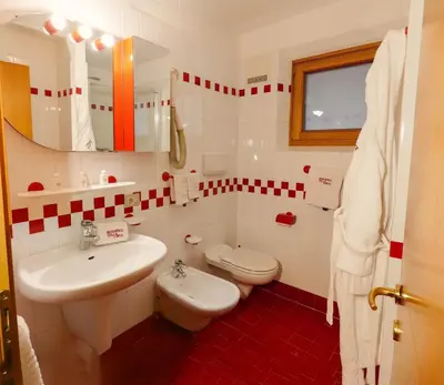 a white bathroom with a sink and a toilet at Villa Artic Apartments in Campitello di Fassa