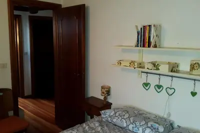 a bedroom with a bed and a shelf with books at Mansarda a San Vito di Cadore in San Vito di Cadore