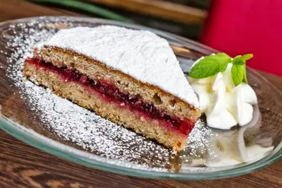 a piece of cake on a plate with powdered sugar at Appartement Wiere in Molini di Tures