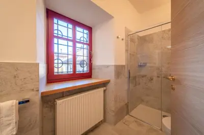 a bathroom with a shower and a window at Glögglhof in Appiano sulla Strada del Vino