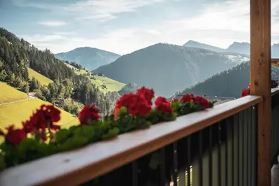 a row of flowers on a balcony overlooking mountains at Batacör - Natures Heartbeat in San Vigilio Di Marebbe