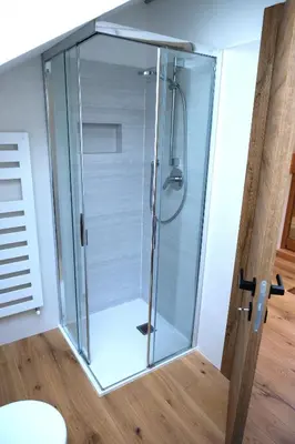 a shower in a bathroom with a glass door at Alpine Home Fiemme in Predazzo
