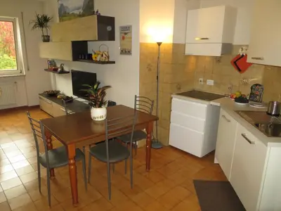 a kitchen with a table and chairs in a kitchen at Appartamento Panoramico Lungopassirio in Merano