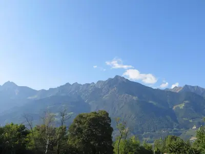 a view of a mountain range with trees in the foreground at Appartamento Panoramico Lungopassirio in Merano