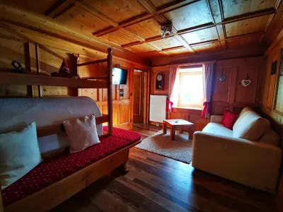 a bedroom with a bunk bed and a couch in a room at Apartments Fabiola in Arabba