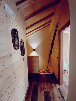 a room with wood paneling and a wall with a lamp at Apartments Fabiola in Arabba