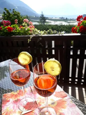 two glasses of wine sitting on a table at GRETL - Residence in Parcines
