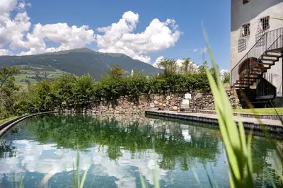 a pool of water in front of a building at Ansitz Fonteklaus in Chiusa