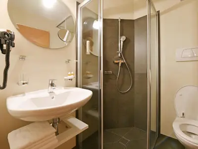 a bathroom with a sink and a shower at Apart Residence Rautal ***S in San Vigilio Di Marebbe