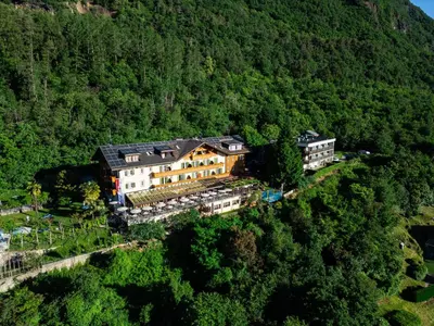 an aerial view of a building in the middle of a mountain at Hotel Tannhof in Caldaro