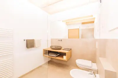 a bathroom with a toilet and a sink and a shower at Baumgartnerhof MÜLLER THURGAU in Cortaccia