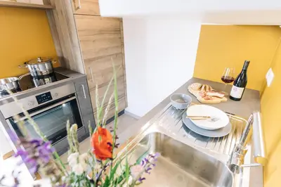 a small kitchen with a sink and a stove at Baumgartnerhof MÜLLER THURGAU in Cortaccia