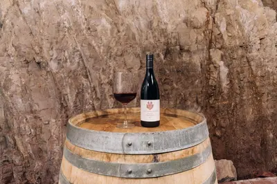 a bottle of wine and a glass on a barrel at Baumgartnerhof BLAUBURGUNDER in Cortaccia