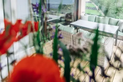 a view of a balcony with flowers in the foreground at Baumgartnerhof BLAUBURGUNDER in Cortaccia