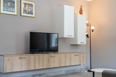 a television on a wooden entertainment center in a living room at Blizzard apartments in Arabba