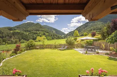 a backyard with a view of the mountains at App. Promberger in San Lorenzo di Sebato