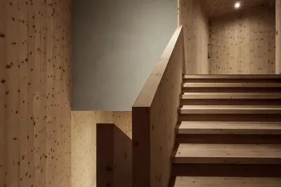 a staircase in a room with wooden walls at Odles Lodge in Bressanone