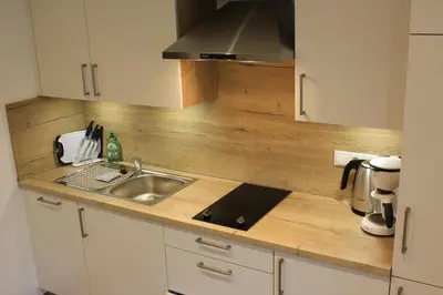 a kitchen with a sink and a counter top at Appartements Pixner in Saltusio