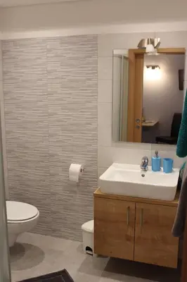 a bathroom with a sink and a toilet and a mirror at Appartements Pixner in Saltusio
