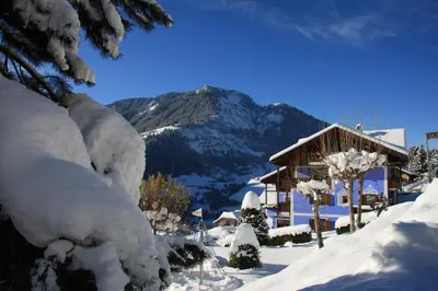 a house covered in snow with a mountain in the background at Hotel Talblick in Ortisei