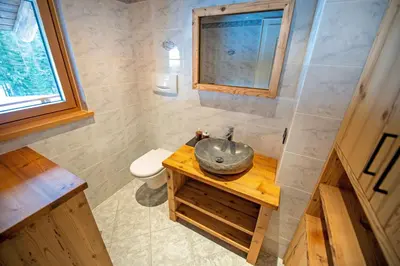 a bathroom with a sink and a toilet at Chalet Aghel in Santa Cristina in Val Gardena
