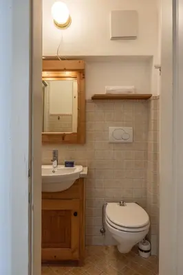 a bathroom with a toilet and a sink and a mirror at Casa Faloria in Cortina dʼAmpezzo