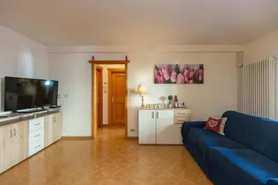 a living room with a blue couch and a tv at Ciasa de Vich in Vigo di Fassa