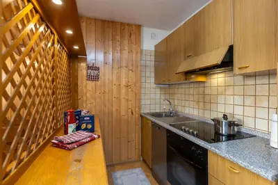 a kitchen with wooden cabinets and a sink and a stove at Ciasa de Vich in Vigo di Fassa