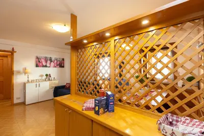 a room with a wooden wall with a wine cellar at Ciasa de Vich in Vigo di Fassa