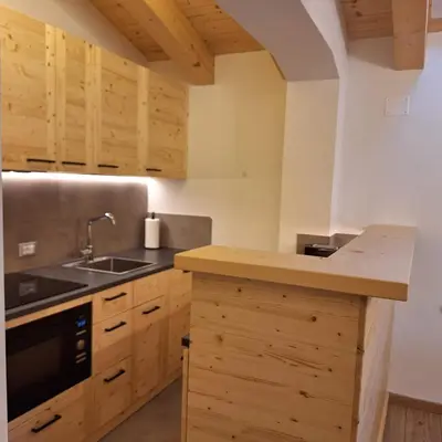 a kitchen with wooden cabinets and a sink at Cesa de Conesel in Colle Santa Lucia