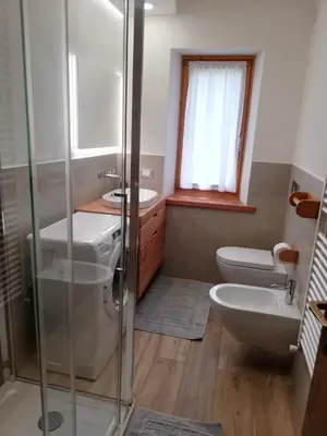 a bathroom with a shower and a toilet and a sink at Cesa de Conesel in Colle Santa Lucia