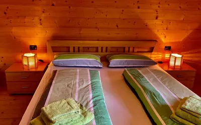 a bedroom with two beds in a log cabin at Apartment HaNiLe in Sarntal