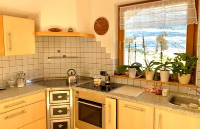 a kitchen with a stove and a sink and a window at Apartment HaNiLe in Sarntal